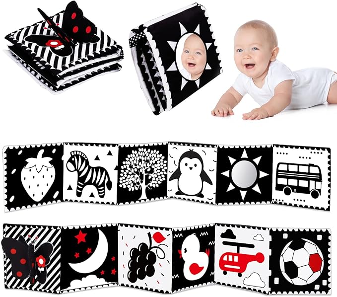 Thremhoo Black and White High Contrast Toys for Baby 0-3 3-6 Months Infant Tummy Time Soft Crinkle Book Mirror Sensory Toys 0 2 4 5 6 Month Old Babies Boy Gril Brain Development Newborn Shower