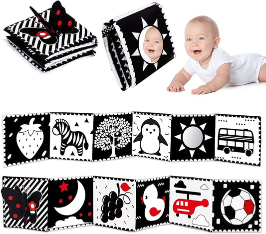 Thremhoo Black and White High Contrast Toys for Baby 0-3 3-6 Months Infant Tummy Time Soft Crinkle Book Mirror Sensory Toys 0 2 4 5 6 Month Old Babies Boy Gril Brain Development Newborn Shower