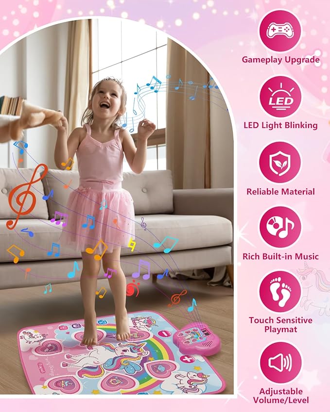Unicorn Toys Dance Mat for Girls – Bluetooth Light-Up Musical Floor Mat with 4 New Game Modes, Adjustable Volume, 2025 New Gift for Girls Ages 3-12 Birthday & Christmas (Pink)