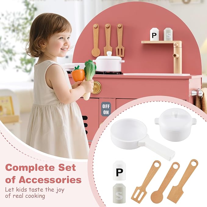 Costzon Kids Kitchen Playset, Little Chef Pretend Play Kitchen w/Stoves, Faucet, Sink, Microwave, Cabinet, Oven & Cooking Accessories, Wooden Play Kitchen for Kids 3+ Years Old (Pink)