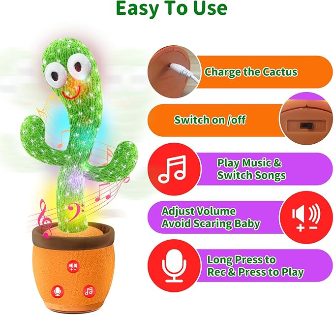 Rechargeable Dancing Talking Cactus Toy with Adjustable Volume, Interactive Cactus Baby Toys for Toddler, Boys Girls Gifts Singing Mimicking Recording Repeating What You Say with 120 English Songs