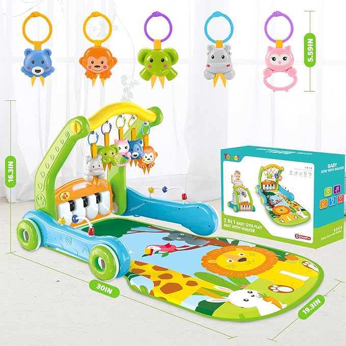 4-in-1 Baby Gym Play Mat with Learning Walker, Tummy Time Mat & Baby Push Toys for Newborn Infant 0-3-6-9-12 Month Boy Girl, Babies Activity Center with Play Piano & Lights, Ideal Toddler Baby Gifts