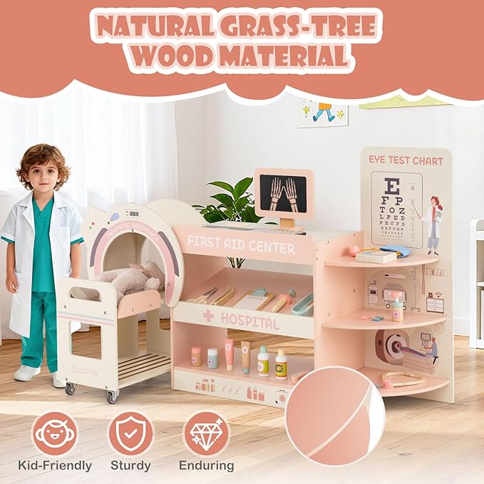 Costzon Kids Doctor Play Set, Wooden Pretend Doctor Kit w/ Eye Chart, Toy CT Machine, Realistic Medical Station & 20 Hospital Accessories, Toy Medical Center Playset for Boys Girls Aged 3+ (Pink)