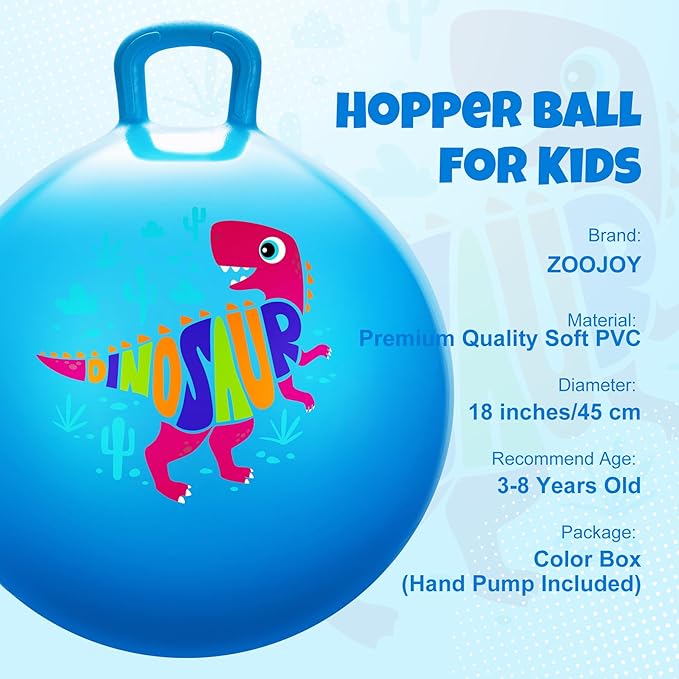 ZOOJOY Hopper Ball for Kids Aged 3-8, 18In Bouncy Balls with Handle, Blue Dinosaur Hoppity Hop Ball, Indoor Outdoor Inflatable Christmas Hopping Toys Gifts for Boys Girls
