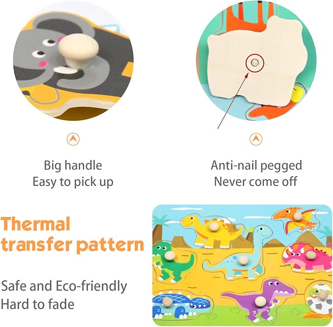 WOOD CITY Toddler Puzzles and Rack Set, Wooden Peg Puzzles Bundle with Storage Holder Rack, Educational Knob Puzzle for Kids Age 2 3 4 Years - Alphabet Number Shape Dinosaur Animal Vehicle