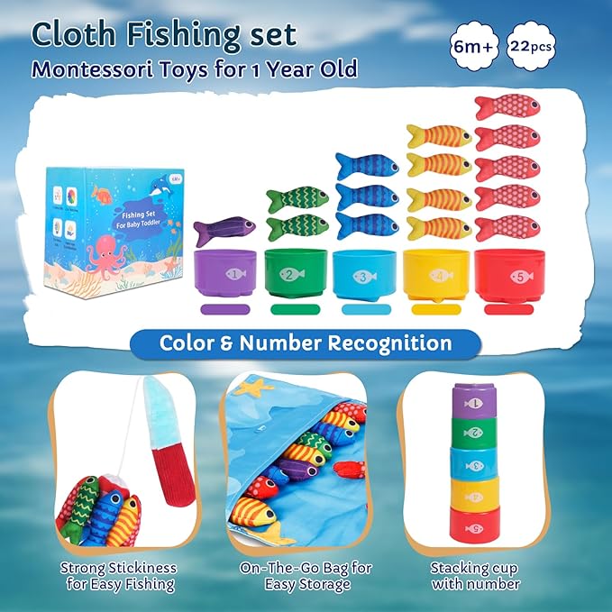 TenFans Montessori Cloth Fishing Game for Toddlers 1-3 Year Old - First Birthday Gift Set with Stacking Cups & Color Sorting - Travel Sensory Toy