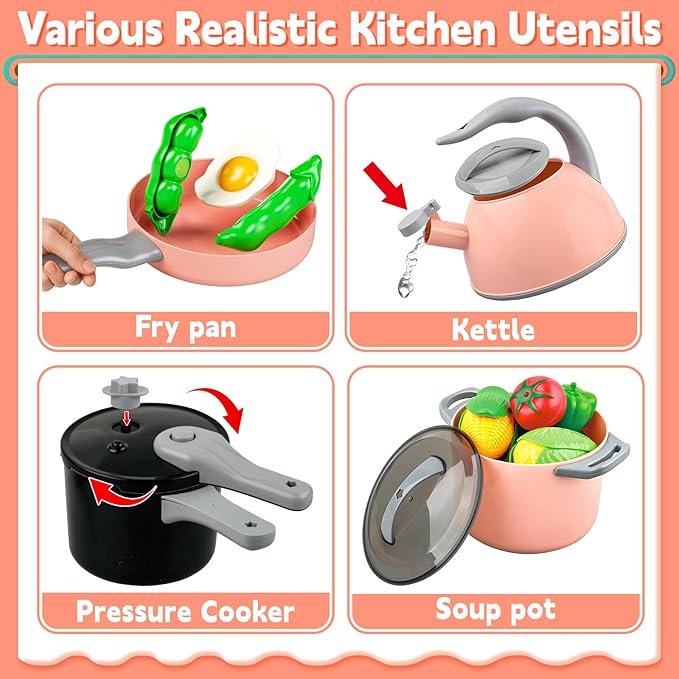 Toy Play Food, Play Kitchen Accessories, Kitchen Playset, Pretend Cooking Play Pots, Pans, Utensils Cookware, Cutting Fun Fruits Veggies, Shopping Storage Basket, Prop Money, Gifts for Kids, 168 Pcs