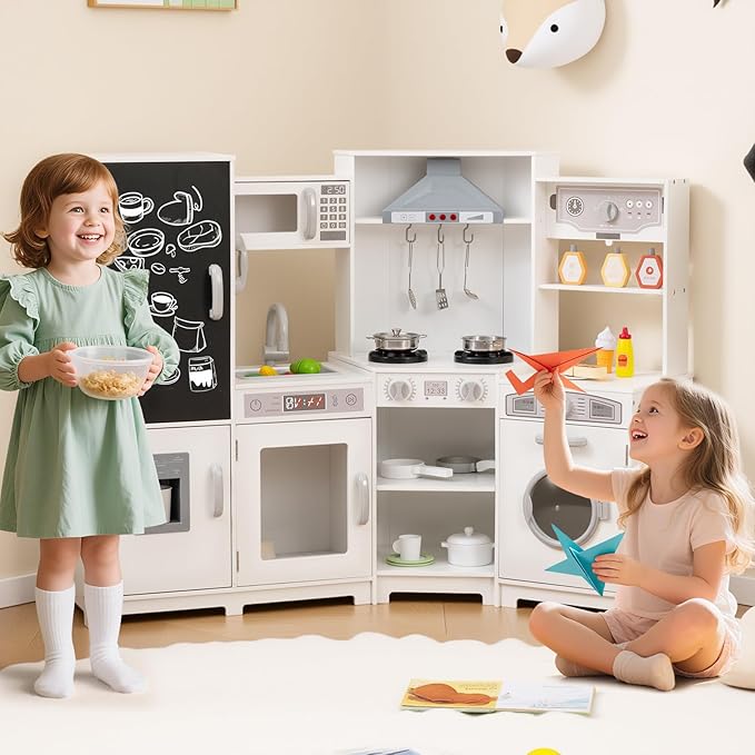 HONEY JOY Corner Play Kitchen, Large Wooden Pretend Toy Kitchen Set w/Lights, Ice & Coffee Maker, Range Hood, Chalkboard, Microwave, Cookware, Little Chef Kids Kitchen Playset for Toddlers (White)