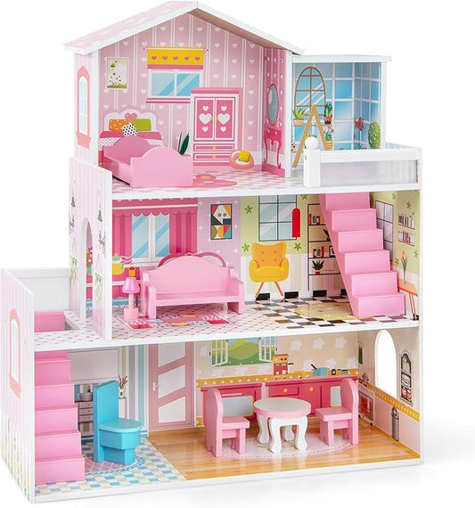 HONEY JOY Pink Doll House, 3-Story Wooden Dollhouse with Ladders & Balcony, 10 Pieces Play Accessories & Furniture Included, Pretend Play Doll House Toy, Gift for Toddler Girls Boys, Pink