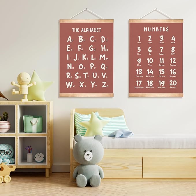 Educational Wall Art Set of 2, Numbers 1-20 and Alphabet Chart, Learning Posters for Kids,ABC Banner Poster, Banner Wall Hanging Decor for Toddler Room Playroom Nursery Wall Classroom Decor (Brown)