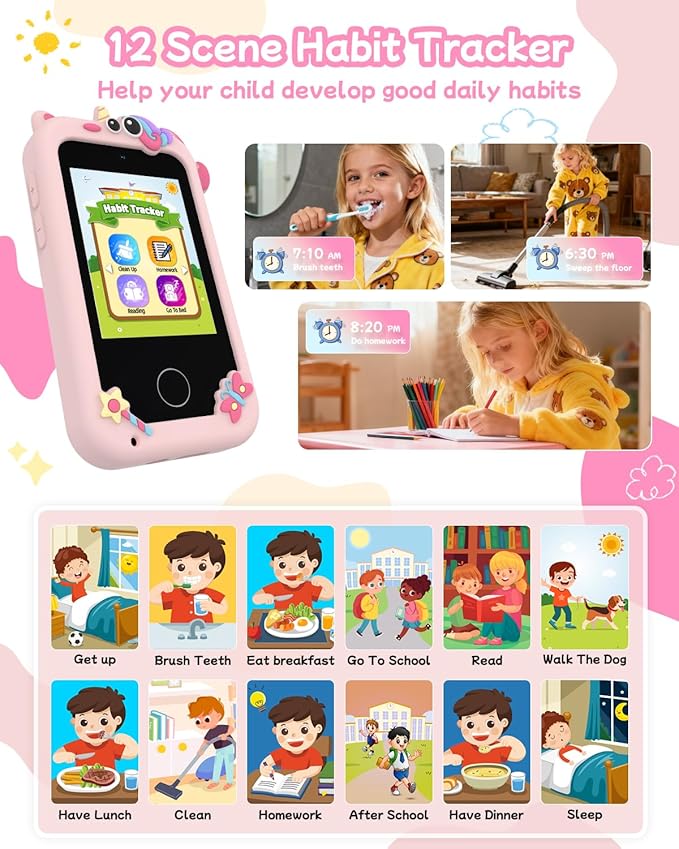 Kids Smart Phone Toy for Girls, Educational Touchscreen Toddler Phone for 3-8 Years Kids, Pretend Play Phone with Dual Camera, Music, 31 Games, ABC Learning & Habit Reminder, Girls Birthday Gift