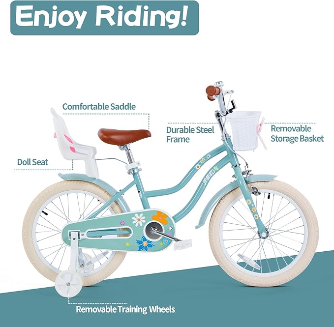 JMMD Girls Bike for 4-12 Years Old Kids, 12 14 16 18 20 24 Kids Bike with Training Wheels, Basket and Doll Seat, Toddler Girls Bicycles with Handbrake & Kickstand, Multiple Colors