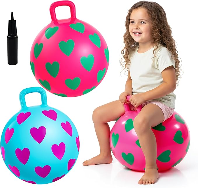 EVERICH TOY 2-Pack Hopper Ball, 15In Hippity Hop Balls for Kids 3-6, Heart Bouncy Ball with Handle, Indoor Outdoor Inflatable Christmas Hopping ToysGifts for Girls Boys