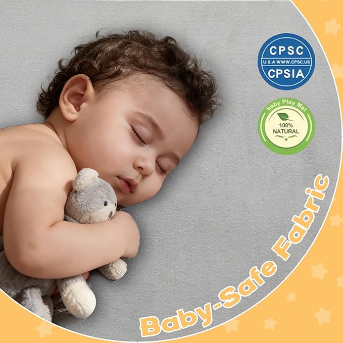 Baby Play Mat for Floor, 50'' x 50'' Thicken Foam Soft Padded Playmat for Tummy Time, Playpen Mat for Toddlers, Water-Repellent Coral Velvet, Non-slip Bottom Safe for Crawling (Light Grey)