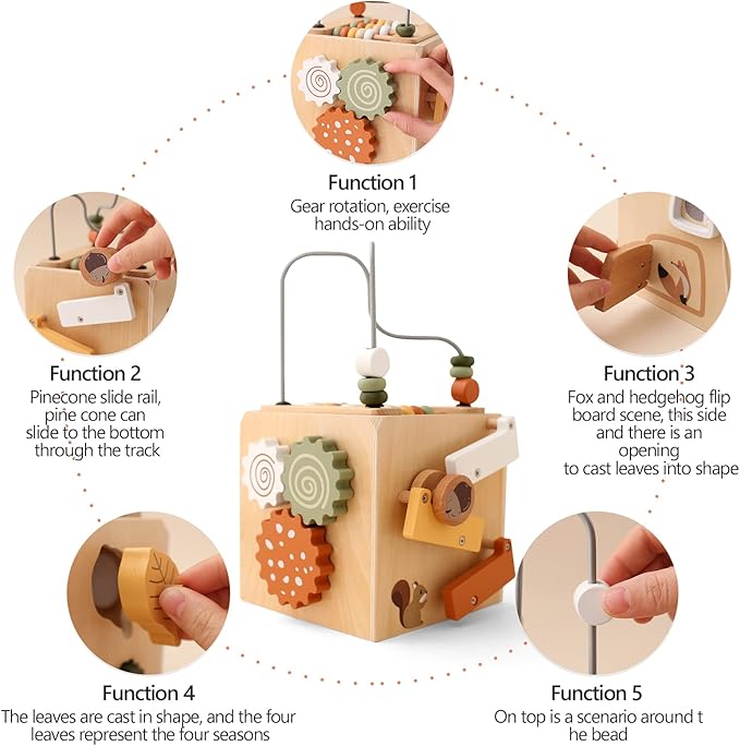 ibwaae 5 in 1 Wooden Activity Cube Play Center Bead Maze Leaves Shape Sorter Learning Montessori Toys for Toddlers 1-3 Early Educational Developmental Learning Toys for Kids