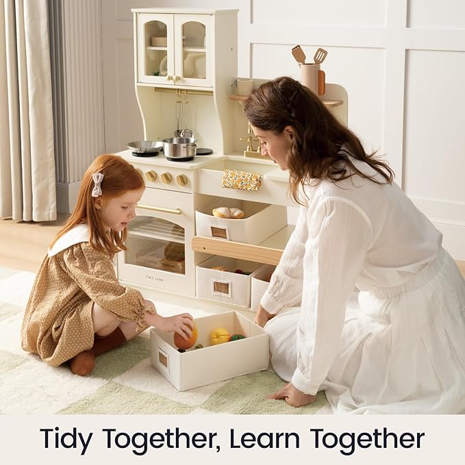 Tiny Land Play Kitchen for Kids with Enhanced Storage – Modern Toddler Kitchen Playset with Stove, Sink & Accessories, Organized Wooden Toy Kitchen, Ideal for Toddlers