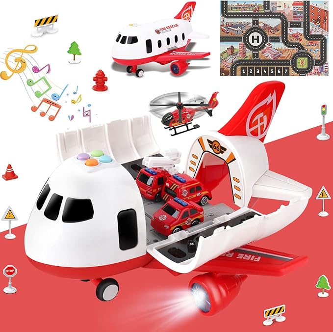 Dwi Dowellin Airplane Toys with Fire Truck Cars Toy Set and Play Mat,Plane with Light Up and Sounds,Birthday Gift for 3 4 5 6 Years Old Kids Boys Girls(Medium)