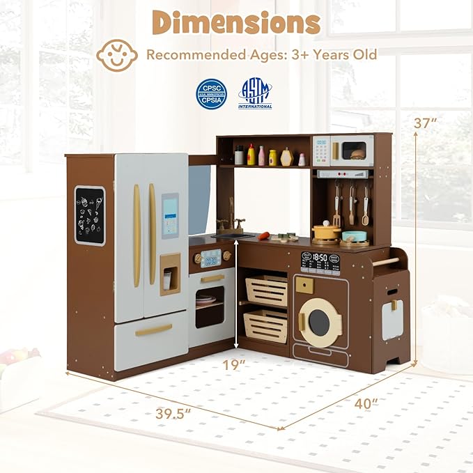 Costzon Corner Kitchen Playset, Kitchen Toy Set w/Real Lights & Sounds, Large Fridge, Ice Maker, Oven, Microwave, Washer, Trash Can & 22 Accessories, Wooden Pretend Play Kitchen for Kids 3+ (Brown)