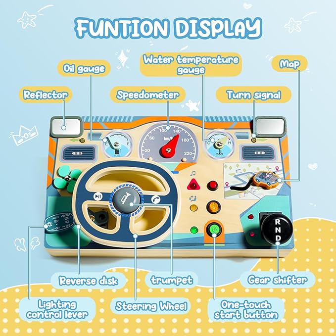Busy Board Montessori Toys for 1 2 3 Year Old, Wooden Toddler Sensory Toy Busy Board with LED Lights Sound Switch, Toddlers Activity Travel Toy, Steering Wheel Toddler Toys Christmas Gift for Boy Girl