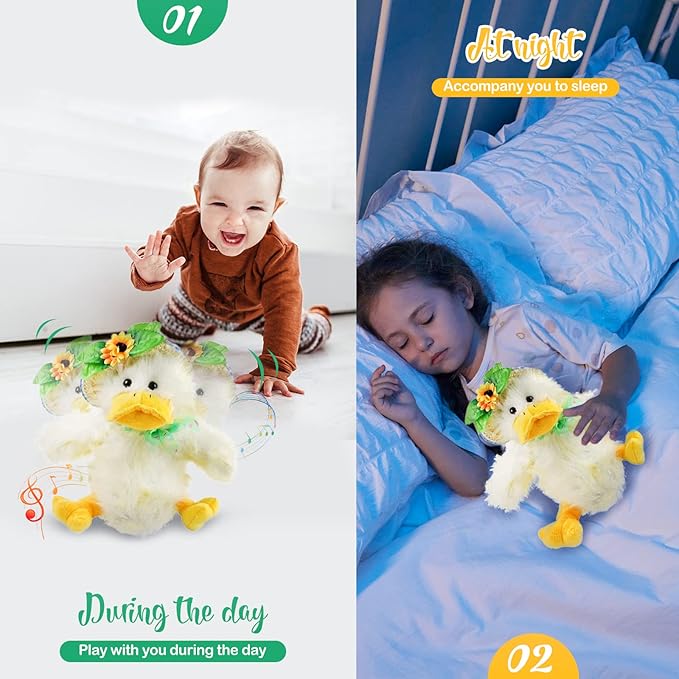 Houwsbaby 12" Electronic Duck Music Dancing Stuffed Animal Singing You are My Sunshine Waving Interactive Duck Plush Toy with Straw Hat for Boys Girls Kids Easter Birthday