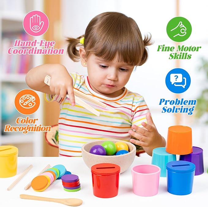Ball in Cups Toddler Montesssori Toys for 1 Years Old, Rainbow Color Sorting Toy Coin Box Matching Game, Wooden Learning Color for Baby Toddler Age 1-3, Fine Motor Developmental Infants Sensory Toy