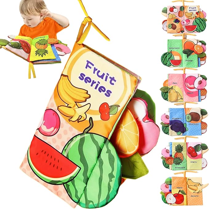 Baby Books 0-6 to 12 Months, Infant Soft Cloth Tummy Time Toys for Babies 0-3-4-5-7-8-9, Christmas Newborn Girl Boy Gifts Crinkle Touch Feel Sensory Fruit Book for Car Seat Stocking Stuffers