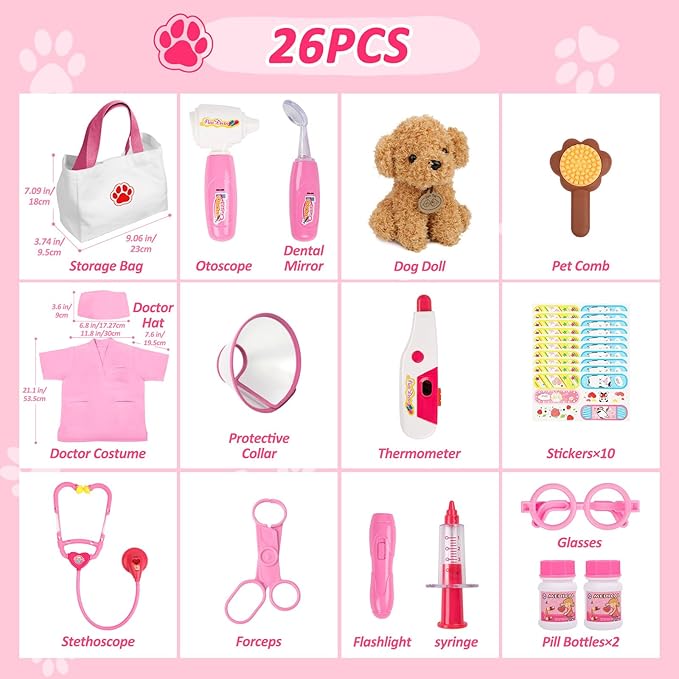 Liberry Doctor Kit for Toddlers Age 3 4 5 6, 26 Pcs Kids Doctor Playset with Dog Toy, Stethoscope and Dress Up Costume, Pretend Play Medical Christmas Gift for Girls, Pink