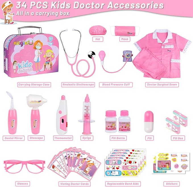 Magic4U Kids Doctor Costume Kit with Real Working Stethoscope and Carry Case, 34 Pieces Pretend-n-Play Realistic Medical Dr Toys for Toddler Boys Girls