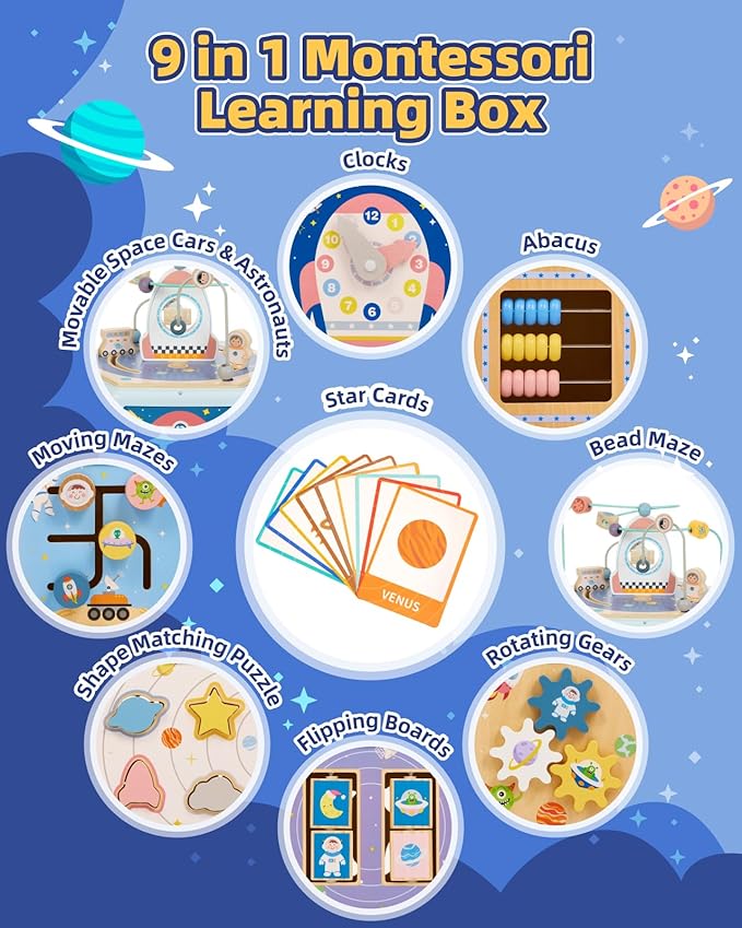 Large Wooden Space Activity Cube Toys, 9-in-1 Early Educational Montessori Learning Toys for 2 3 4 Toddlers with Abacus Bead Maze for 24+ Months Boys Girls First Birthday