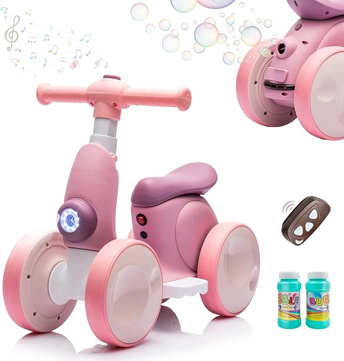6V Electric Baby Balance Bike with Bubble Machine,4 in 1 Toddler Balance Bike w/Remote for 1 Year Old Boys Girls Kids Bubble Bike Ride on Toys w/Powered Motor,Music,LED Lights (Purple)