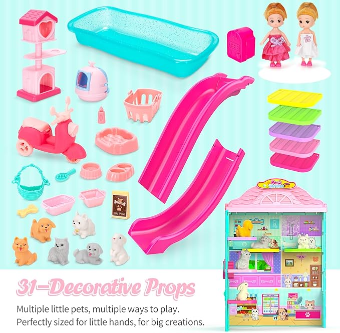 Foldable Pets Dollhouse Toy Play Set, Doll House of Pets with 31+ Accessories Includes Dolls, Motor, Pool, Little Pets, Slide and Sounds, Pretend-Play Toddler Playhouse Ideal Gift for Children aged 3+