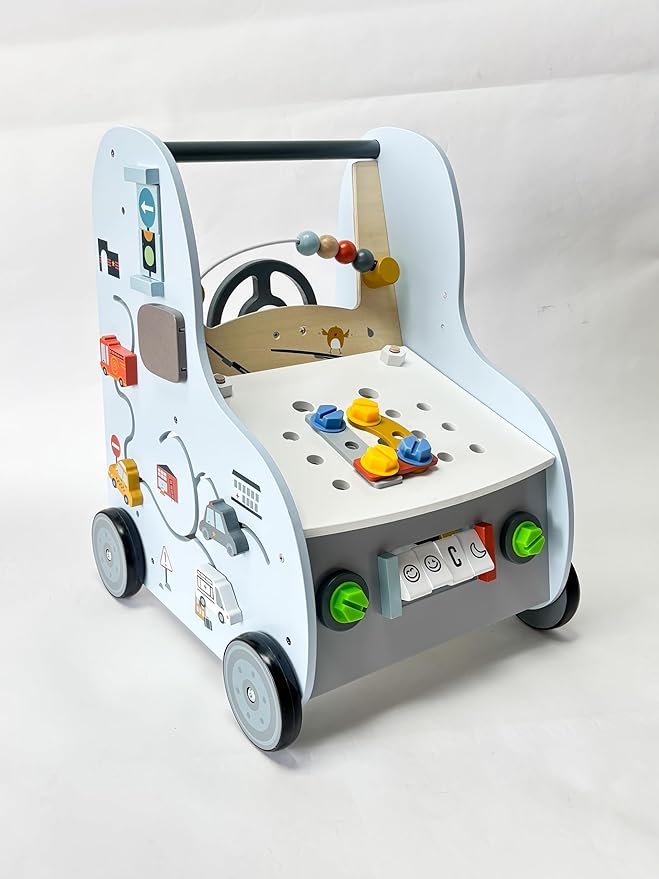 Giant bean Wooden Baby Push Walker with Activity Cube – Car Traffic Theme Tool Bench Shape Sorter, Steering Wheel Gears, Montessori Christmas Toy for Toddler 1-3, Walking Toy Speed Adjustable