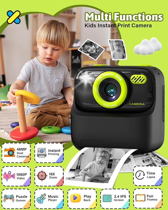 Mgaolo Kids Camera Instant Print Photo,Children Digital Camera Toys Gift with HD Video for Girls Boys 3-12 Age,Chritmas Birthday Festival Present for 3 4 5 6 7 8 9 Year Old Child (Black)