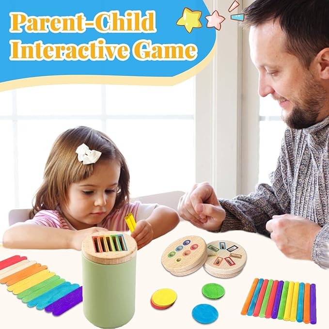 Montessori Wooden Stick Color Sorting Toys for 3 Year Old, Dual Play Educational Preschool Learning Fine Motor Skills Sensory Toys for Toddlers 3-5 Girl Boy Birthday Gifts (Silicone Bucket)