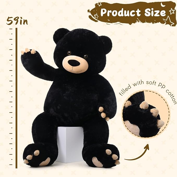 Tezituor 59in Big Teddy Bear Stuffed Animal, Giant Black Stuffed Animal for Baby Shower,Christmas,Valentine's Day or Birthday,5ft Life Size Large Plush Bear for Girlfriend Boyfriend Kids Adult