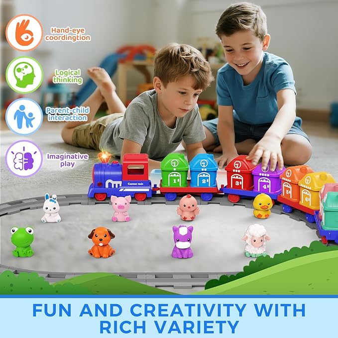 Learning Toys for Toddlers 1 2 3 Year Old,Electric Farm Train Set for Girls 2-4,Counting Matching & Sorting Montessori Train Toy with Farm Animals, Music, Light, Christmas Birthday Gift Baby (blue)