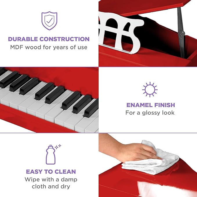 Best Choice Products Kids Classic Wooden 30-Key Mini Grand Piano Musical Instrument Toy w/ Piano Lid, Bench, Foldable Music Rack, Song Book, Note Stickers, Enamel Finish - Red