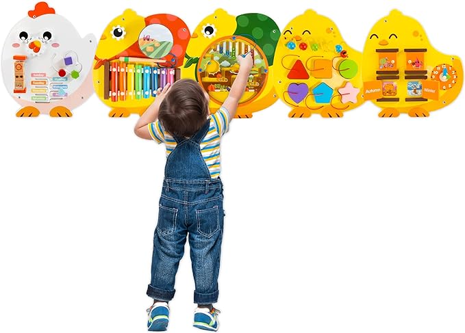 Chick Squad Activity Wall Busy Board Panels | 11-in-1 Wooden Sensory Wall Panel for Kids, Montessori Learning Activity Center | Perfect for Toddler Playroom Daycare Nursery Classroom Dentist Office