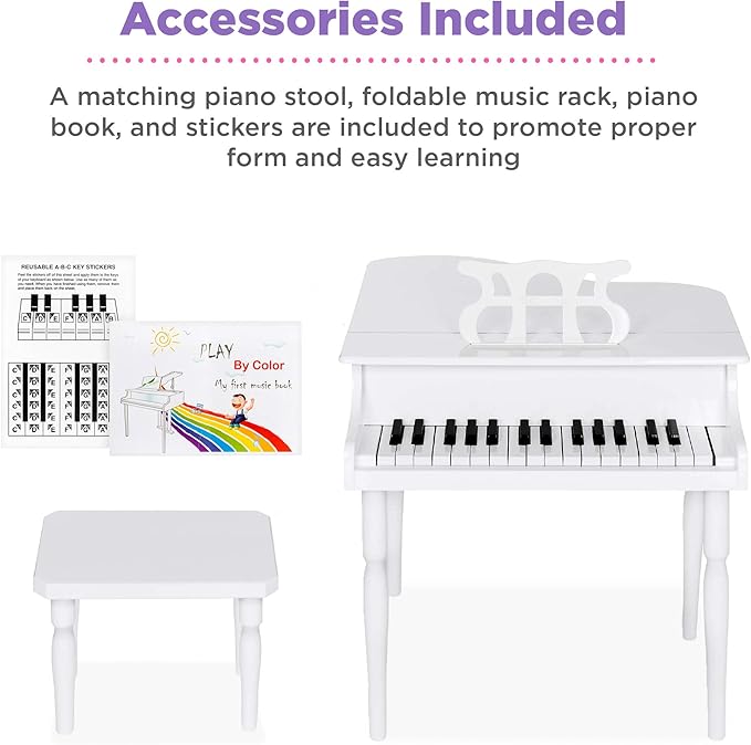 Best Choice Products Kids Classic Wooden 30-Key Mini Grand Piano Musical Instrument Toy w/ Piano Lid, Bench, Foldable Music Rack, Song Book, Note Stickers, Enamel Finish - White