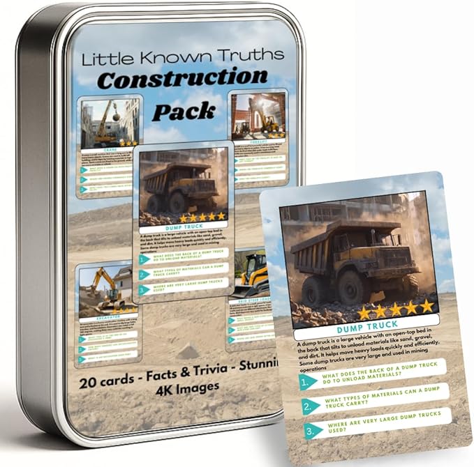 Construction Vehicle Trivia Flash Cards for Kids Ages 3+ | Educational Learning Cards with Trucks & Machines, STEM Fact Cards in Metal Tin, Screen-Free Travel Toy