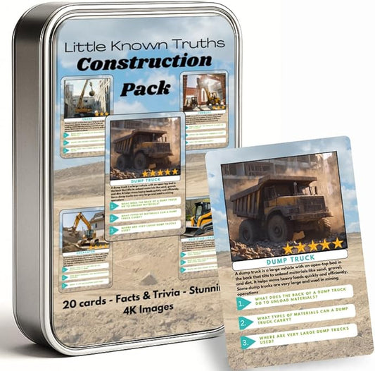 Construction Vehicle Trivia Flash Cards for Kids Ages 3+ | Educational Learning Cards with Trucks & Machines, STEM Fact Cards in Metal Tin, Screen-Free Travel Toy