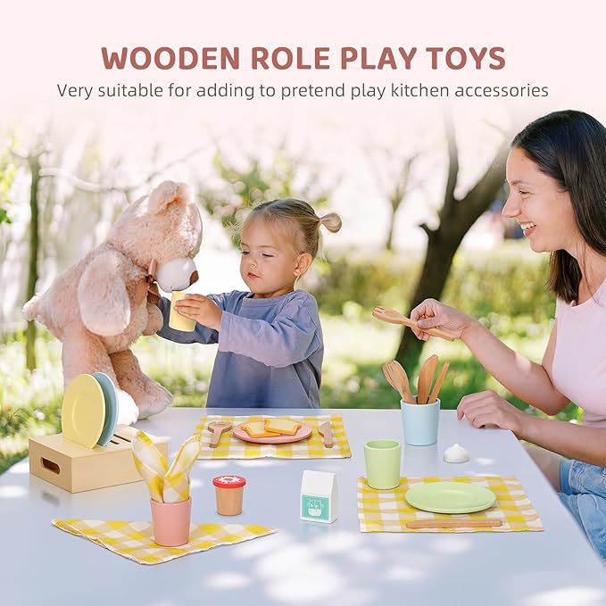 OOOK Wooden Play Dishes and Plates for Kids Kitchen Set, 25 PCS Wooden Play Kitchen Accessories, Pretend Montessori Kids Pots and Pans Playset for 3+ Toddlers