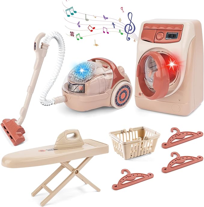 deAO Toy Washing Machine & Vacuum Playset for Kids, Mini Washing Machine Laundry Set for Kids,Dollhouse Furniture Laundry Room Washer and Iron Set Kids Cleaning Set for Boys & Girls