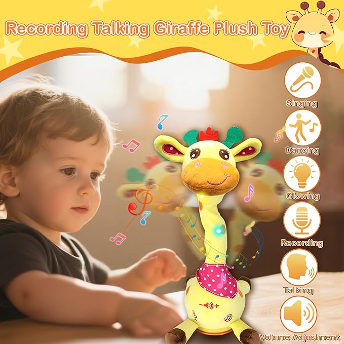 Talking Dancing Giraffe Toy, Stuffed Animal Repeats What You Say with Glowing Light, Baby Toy for 3-18 Months, Gift for Toddlers 1-3 Years Old