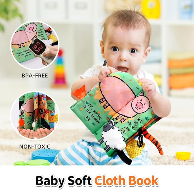 Jollybaby Baby Cloth Books, Touch & Feel Crinkle Soft Books, for Infants Babies, Toddler Early Educational Interactive Stroller Toys, Baby Girl & Boy Gift(Farm Tails)