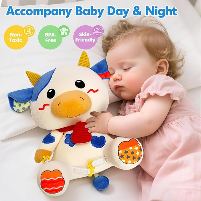 V-Opitos Stuffed Cow Musical Toys for Baby 6-12 Months+, Early Learning Light up Music Drum, Perfect Christmas Birthday Gifts for Boy & Girl Age 1, 2 Years Old