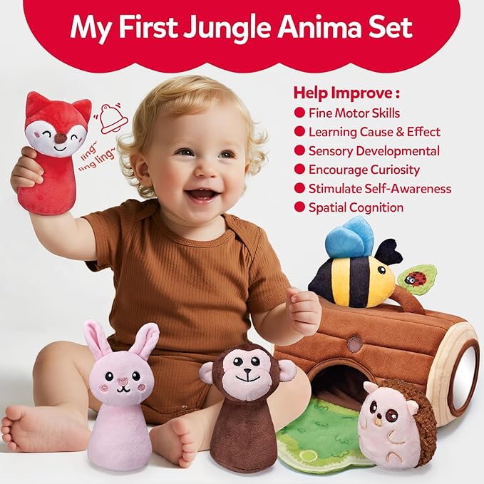 Baby Toys 6-12 Months - Jungle Soft Plush Stuffed Animal Set with Rattle, Squeaker & Mirror - Montessori Sensory Toys for Babies Ball 6 7 8 9 Months, Baby Christmas Birthday Boy Girl Gifts