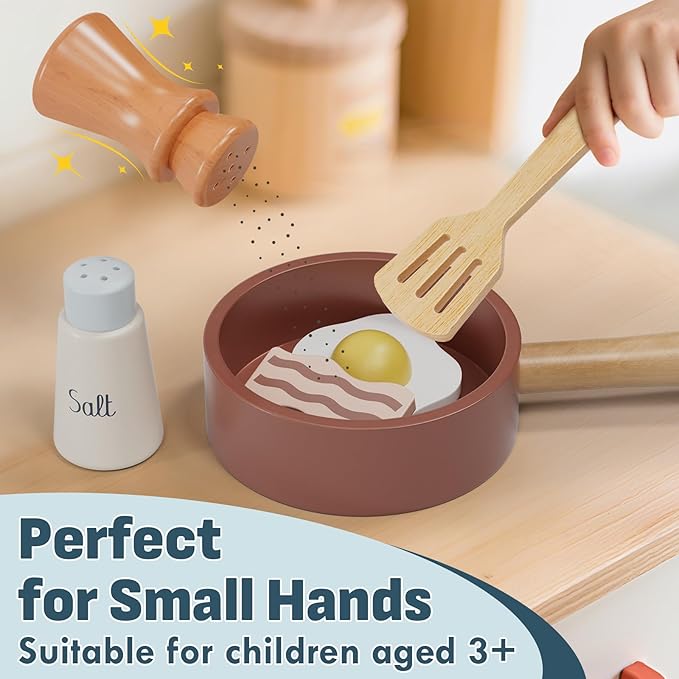 Lehoo Castle Wooden Play Kitchen Accessories, Play Pots and Pans Sets for Kids, Play Food Sets for Kids Kitchen, Montessori Food Toys for Toddlers 3-5, Gifts for Girls Boys