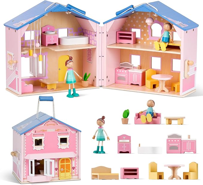 Giant bean Exquisite Pink Wooden Dollhouse for Girls with 2 Dolls and 12pcs Wooden Furniture,Foldable and Portable Pretend Play House Set with Handle, Christmas Birthday Gift for Girls Kids Age 3+