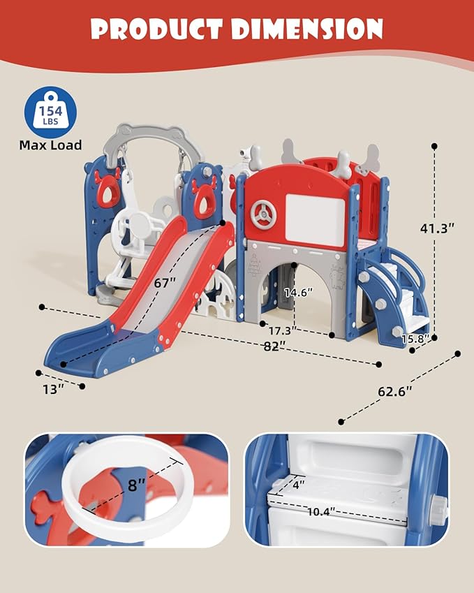 YUFU 13 in 1 Toddler Slide and Swing Set, Kids Slide for Toddlers Age 1-3, Toddler Playset with Golf Set, Basketball Hoop and Drawing Board, Outdoor Indoor Playground (Blue Red)